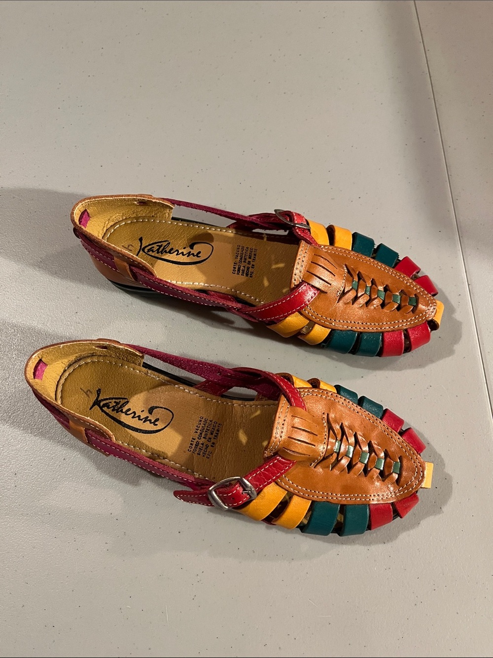 Mexico-Hand maid Multicolor Leather Huarache Flats - Red, Yellow, Green, Tan